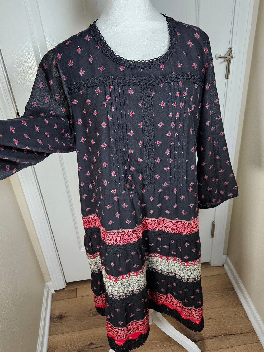 J.Jill Peasant Dress Floral Black Red Lace Bell Sleeve Women's Size Large